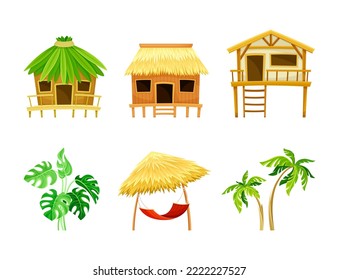 Beach huts, tropical exotic plants and hammock set cartoon vector illustration