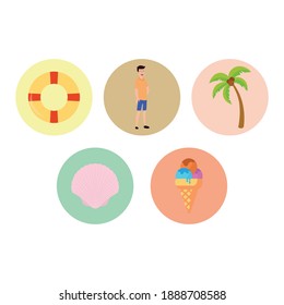 Beach Icon Bundle With Buoy, Coast Guard, Coconut Tree, Clam, Ice Cream