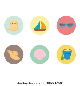 Beach Icon Bundle With Sand Castle, Boat, Sunglasses, Hat, Clam, Sand Bucket