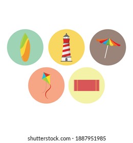 Beach Icon Bundle With Surfboard, Lighthouse, Umbrella, Kite, Carpet