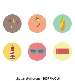 Beach Icon Bundle With Umbrella, Kite, Surfboard, Lighthouse, Sunglasses, Carpet