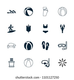 Beach icon. collection of 16 beach filled and outline icons such as crab, snorkel, flip flops, surfing, sail, towels, sunbed. editable beach icons for web and mobile.