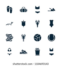 Beach icon. collection of 16 beach filled icons such as crab, swimsuit, sport bag, sail, swim suit, flip flops, sunbed, towels. editable beach icons for web and mobile.