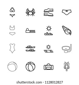 Beach icon. collection of 16 beach outline icons such as crab, slippers, sport bag, avenue, man laying in sun, carpet in the sun. editable beach icons for web and mobile.