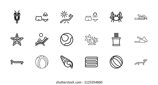 Beach icon. collection of 18 beach outline icons such as crab, sunbed, towels, volleyball, swimsuit, starfish, man laying in the sun. editable beach icons for web and mobile.