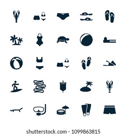 Beach icon. collection of 25 beach filled icons such as crab, turtle, flip flops, slippers, plastic ball, swimsuit, avenue, sunbed. editable beach icons for web and mobile.