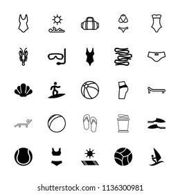 Beach icon. collection of 25 beach filled and outline icons such as slippers, carpet in the sun, aqualung, shell, surfing, crab. editable beach icons for web and mobile.