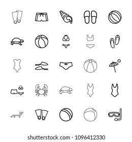 Beach icon. collection of 25 beach outline icons such as turtle, ball, flip flops, slippers, flippers, swim suit, swimsuit, umbrella. editable beach icons for web and mobile.