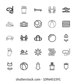Beach icon. collection of 25 beach outline icons such as crab, towels, plastic ball, volleyball, swim suit, sport bag, home on island. editable beach icons for web and mobile.