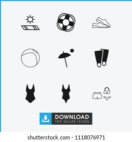 Beach icon. collection of 9 beach filled and outline icons such as umbrella, lifebuoy, swim suit, carpet in the sun, flippers. editable beach icons for web and mobile.