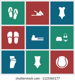Beach icon. collection of 9 beach filled icons such as slippers, swimsuit, avenue, flip flops, booty fitness. editable beach icons for web and mobile.