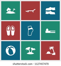 Beach icon. collection of 9 beach filled icons such as slippers, palm, avenue, home on island, sunbed, island. editable beach icons for web and mobile.