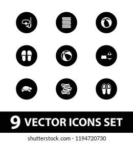 Beach icon. collection of 9 beach filled icons such as slippers, swimsuit, snorkel, turtle. editable beach icons for web and mobile.