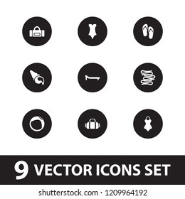 Beach icon. collection of 9 beach filled icons such as sport bag, flip flops, towels, swimsuit, sunbed. editable beach icons for web and mobile.