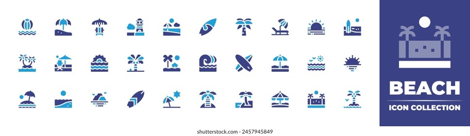 Beach icon collection. Duotone color. Vector illustration. Containing holidays, beach, ball, island, surfingboard, sunumbrella, surfboard, palmtree, sunrise, wave, sunbed, lighthouse.