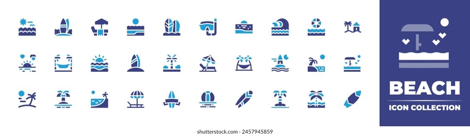 Beach icon collection. Duotone color. Vector illustration. Containing sea, waterpark, sunbed, scubadiving, beachball, beach, sunset, surfboard, ocean, surf, hammock, surfing, palmtree, wave, island.