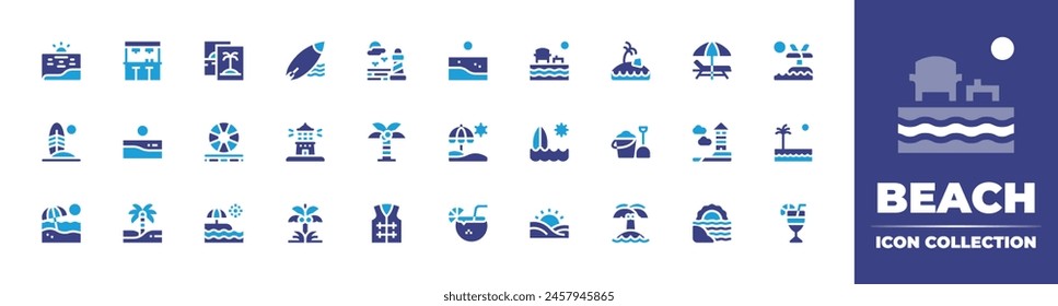 Colección de iconos de playa. Color duotono. Ilustración vectorial. Contiene chaleco salvavidas, playa, puesta del sol, beachball, bebida de coco, tabla de surf, palma, surf, palmtree, makapulighthouse, coco.