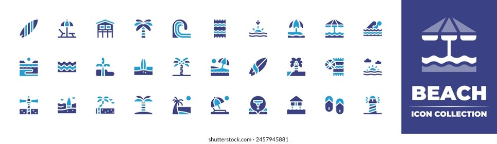 Beach icon collection. Duotone color. Vector illustration. Containing sea, beach, house, wave, flipflops, sunumbrella, beachtowel, beachhut, sunset, palmtree, surfingboard, coastline, surf, surfboard.