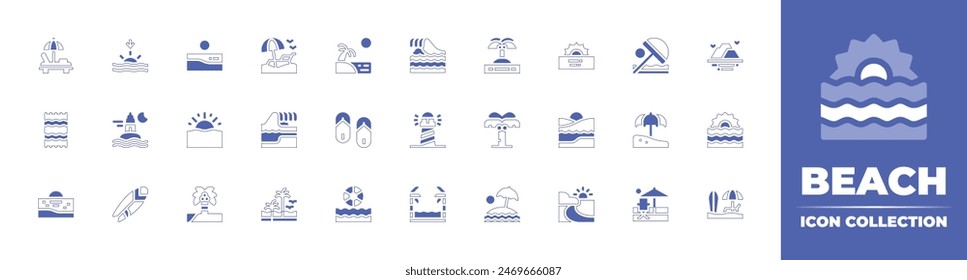 Beach icon collection. Duotone style line stroke and bold. Vector illustration. Containing flipflops, beachtowel, beachball, beach, sunumbrella, ocean, sunrise, surf, lighthouse, sun, coconuttree.