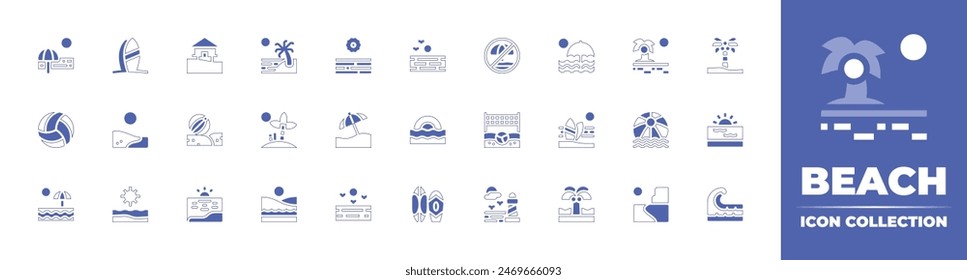 Beach icon collection. Duotone style line stroke and bold. Vector illustration. Containing volleyball, beachumbrella, beach, sea, sunbed, beachball, beachvolleyball, nobeach, sunrise, surfing, cadiz.