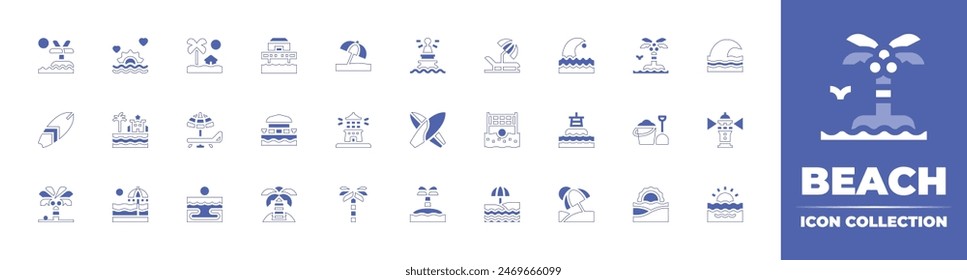 Beach icon collection. Duotone style line stroke and bold. Vector illustration. Containing beach, beachvolleyball, vacation, surfboard, surfing, sunset, palmtree, sandbucket, island, lighthouse, buoy.
