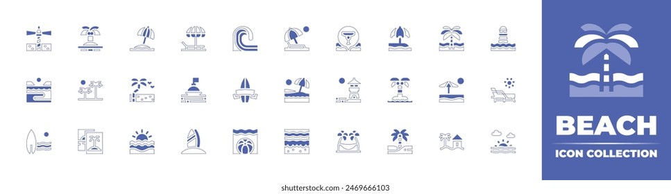 Strand-Symbol Kollektion. Linienstrich im Duotonstil und fett. Vektorillustration. Mit Meer, Strand, Palmen, Welle, Beachball, Sonnenbank, Küste, Lage, Brandung, Hängematte, Leuchtturm, Boje, Insel.