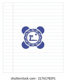 beach icon emblem draw with pen effect. Blue ink. Vector Illustration. Detailed. 