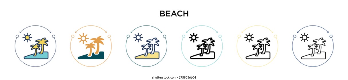 Beach icon in filled, thin line, outline and stroke style. Vector illustration of two colored and black beach vector icons designs can be used for mobile, ui, web
