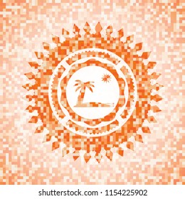 beach icon inside abstract emblem, orange mosaic background