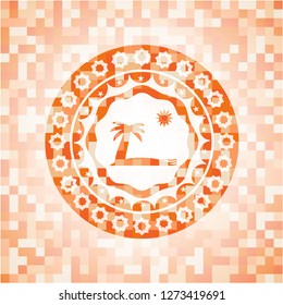 beach icon inside abstract emblem, orange mosaic background