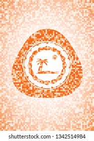 beach icon inside abstract emblem, orange mosaic background