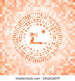 beach icon inside abstract emblem, orange mosaic background