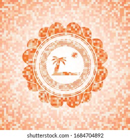 beach icon inside abstract emblem, orange mosaic background