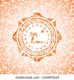 beach icon inside abstract orange mosaic emblem with background