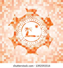 beach icon inside abstract orange mosaic emblem with background