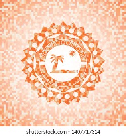 beach icon inside abstract orange mosaic emblem with background