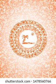 beach icon inside abstract orange mosaic emblem with background