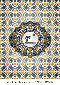 beach icon inside arabesque badge. arabic decoration.
