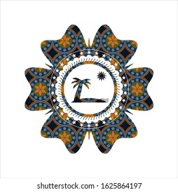 beach icon inside arabesque badge background. arabic decoration.