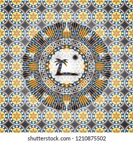 beach icon inside arabesque style emblem. arabic decoration.