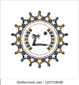 beach icon inside arabesque style emblem. arabic decoration.