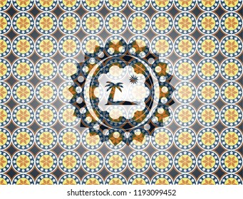 beach icon inside arabic badge background. Arabesque decoration.