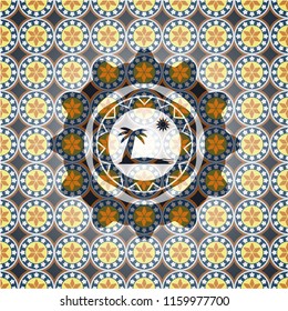 beach icon inside arabic emblem background. Arabesque decoration.