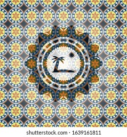 beach icon inside arabic emblem background. Arabesque decoration.