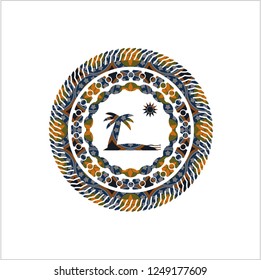 beach icon inside arabic style emblem. Arabesque decoration.