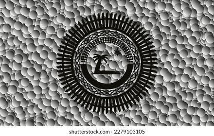 icono de playa dentro del emblema negro con fondo de burbujas. Ilustración vectorial. Detallado. 
