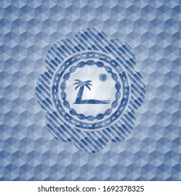 beach icon inside blue badge with geometric background.
