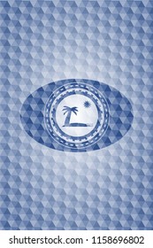 beach icon inside blue emblem with geometric pattern background.