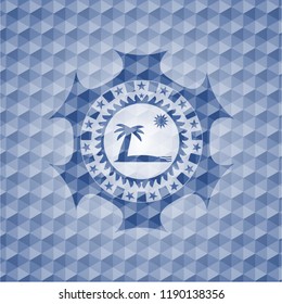 beach icon inside blue emblem or badge with abstract geometric pattern background.