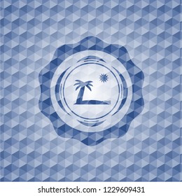 beach icon inside blue emblem or badge with geometric pattern background.